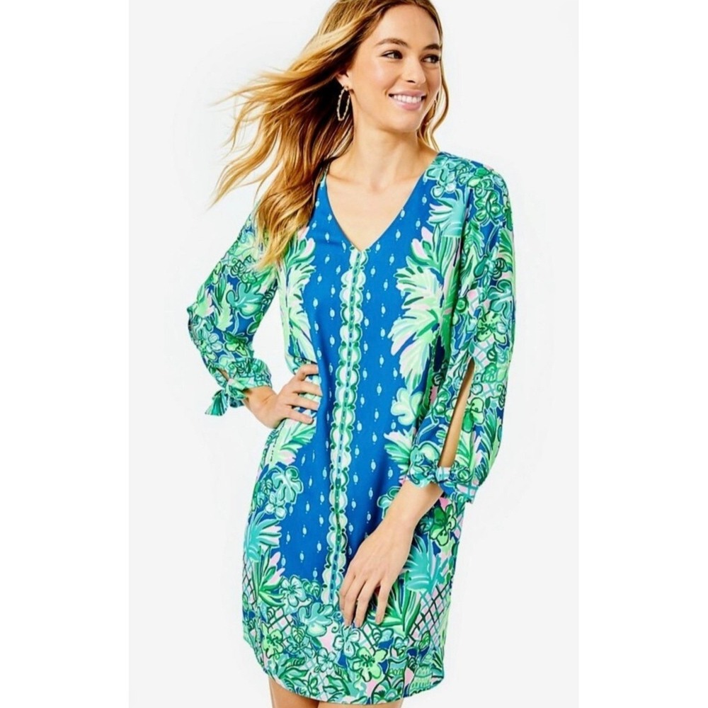 Lilly Pulitzer Pamela Macaw Blue Floral Split Sleeve Tassel‎ Dress M
